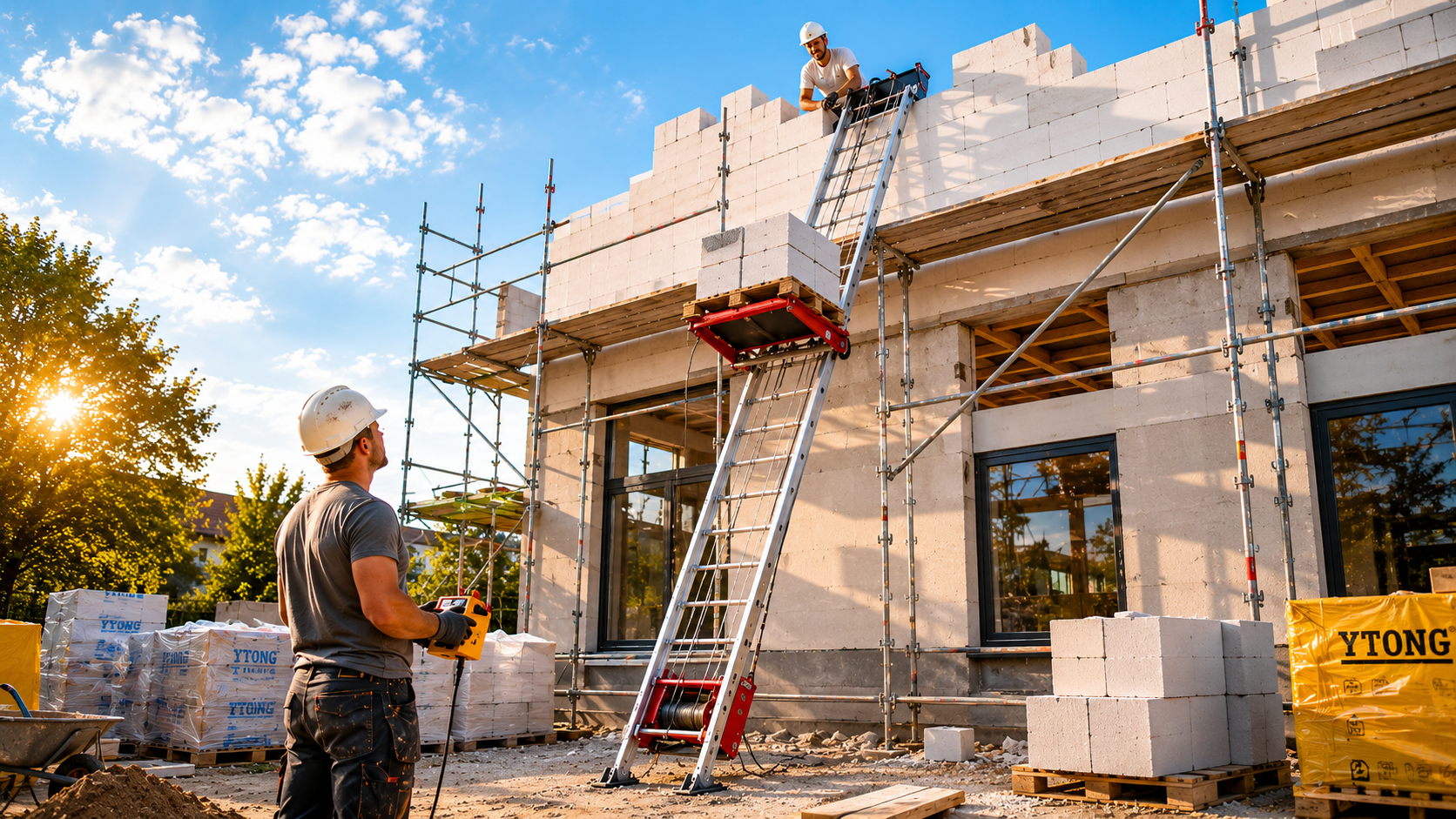 LARZ 160 při zdvihání materiálu na stavbě