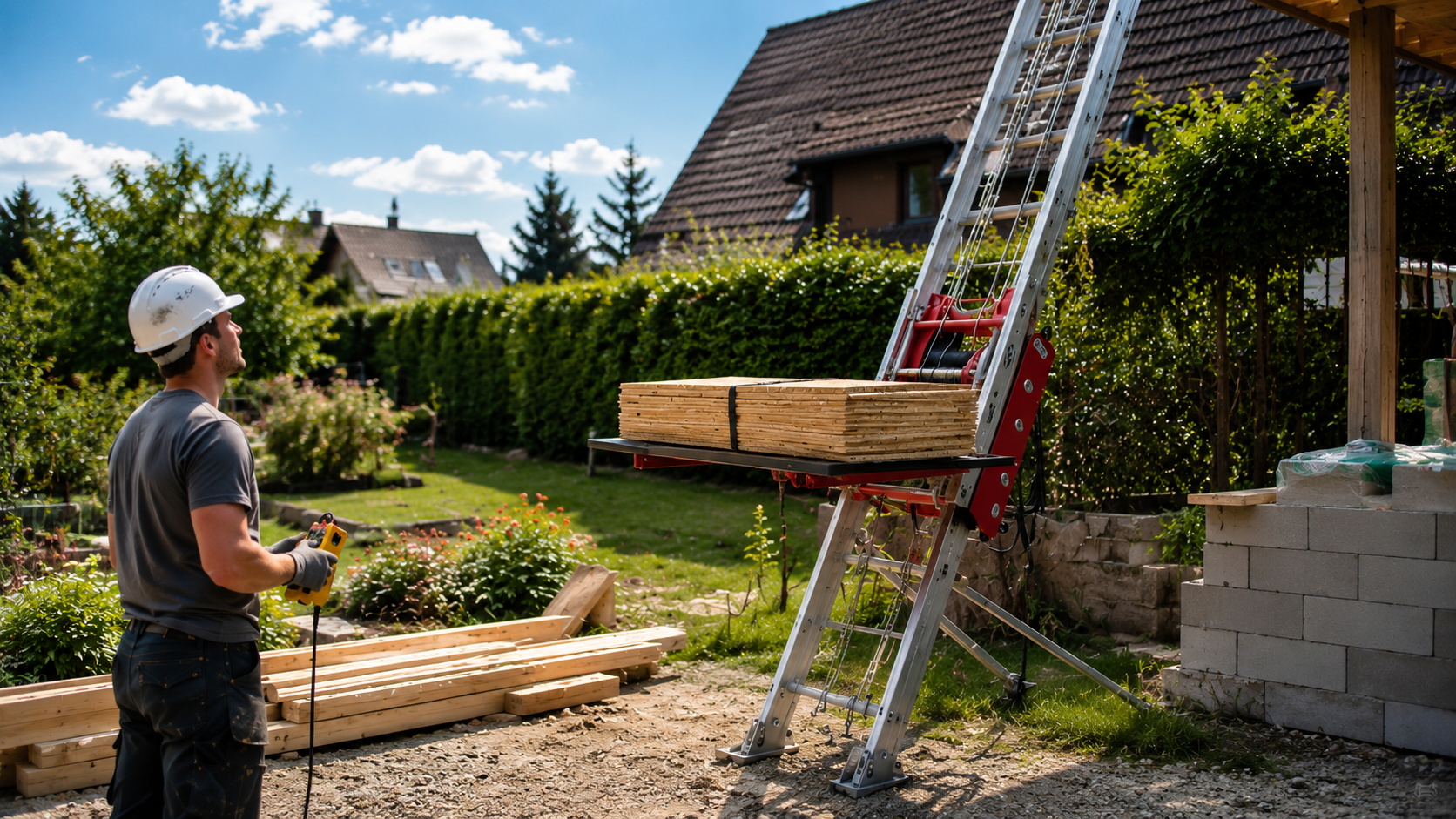 Detail střešního výtahu LARZ 160 s naloženým materiálem